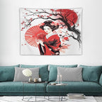 Japanese Red Geisha Tapestry Asian Cherry Blossom Traditional Kimono Folk Tapestries Home Decor for Living Room Bedroom Apartment Farmhouse Dorm 40"x30"