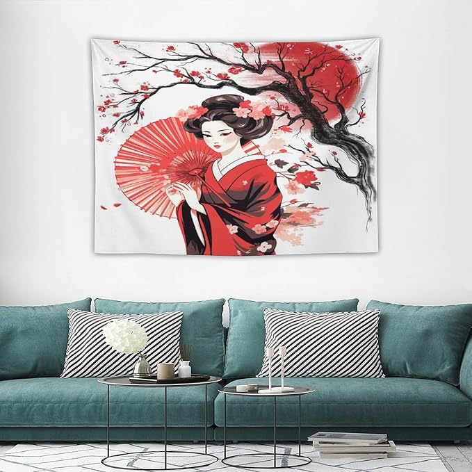 Japanese Red Geisha Tapestry Asian Cherry Blossom Traditional Kimono Folk Tapestries Home Decor for Living Room Bedroom Apartment Farmhouse Dorm 40"x30"