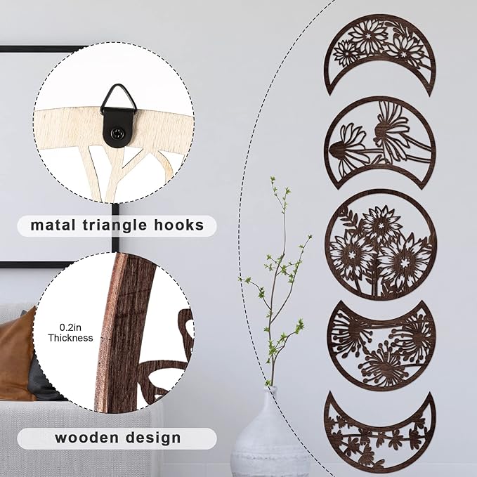 Jetec 5 Pcs Moon Phase Wall Hanging Decor Art Above Bed 10.6" H Boho Moon Phase Wood Wall Pediment Ornament for Living Room Bedroom Home Decoration Room Apartment Bar(Brown)