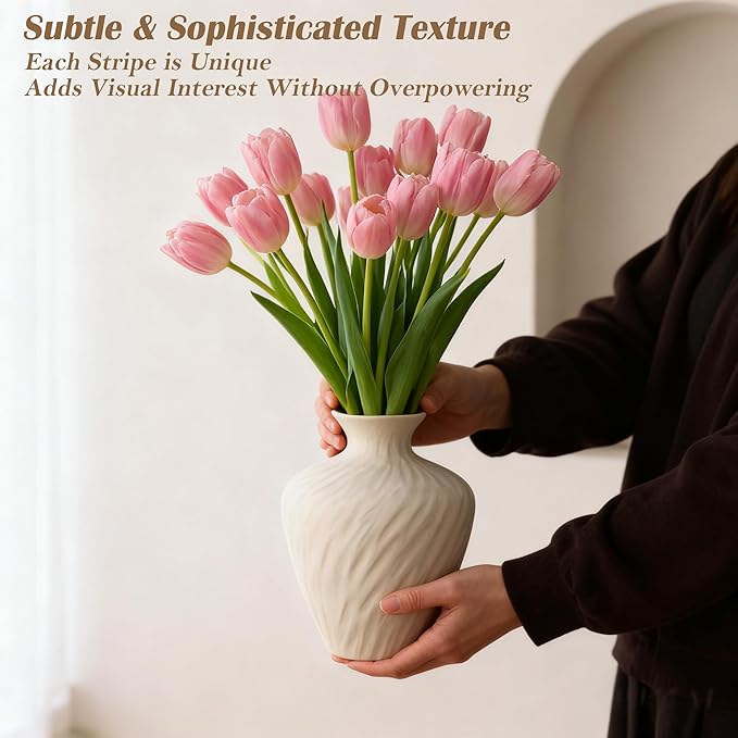 Ceramic Vase - Beige Flower Vase for Home Decor, Boho Farmhouse Minimalist Modern & Wabi Sabi Style Centerpiece with Textured Wave Pattern for for Living Room, Ideal Gift for Housewarming