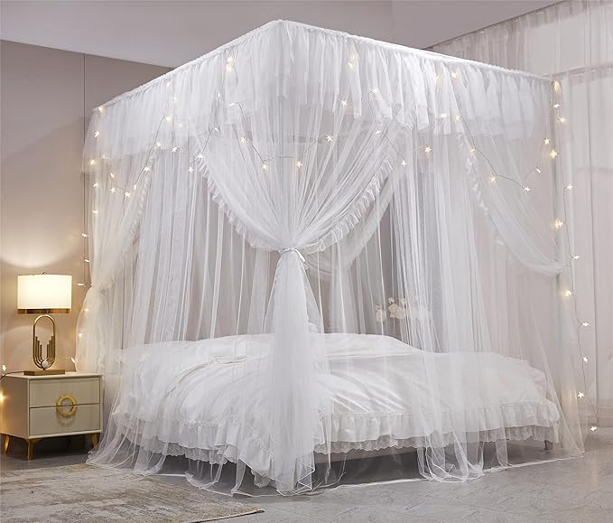 VETHIN 4 Corners Post Ruffle Princess Bed Canopy Curtain-Double Layer Cozy Drape Netting 4 Opening Mosquito Net for Girls Adults Bedroom Decoration (White/White, 64" W*82" L*82"*H/(Queen))