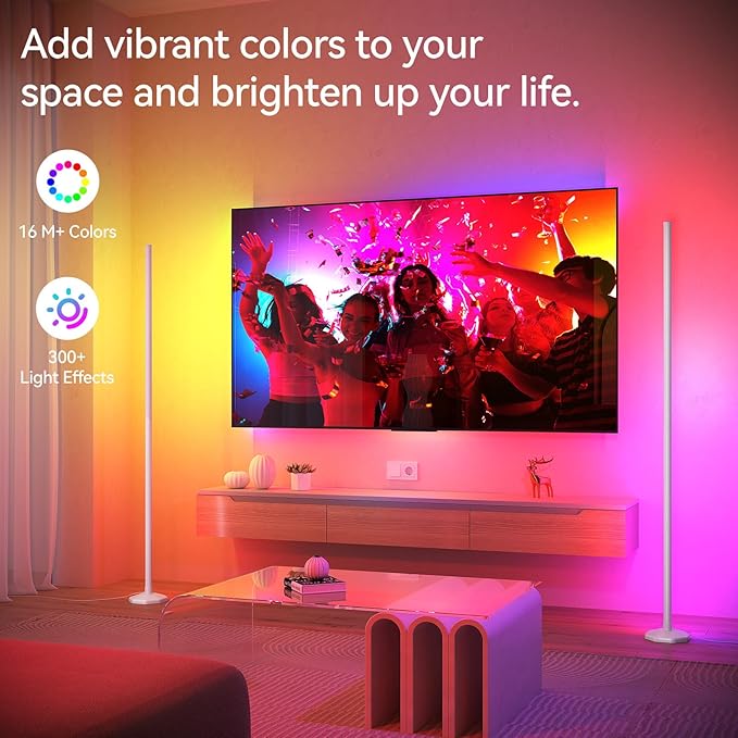 SUNMORY RGB LED Floor Lamp, 57" Corner Lamp with 80+ Scene & Timer, Smart Modern Ambient Lighting with Music Sync & 16 Million Colors, Remote & App Floor Lamps for Living Room, Bedroom, Gaming Room