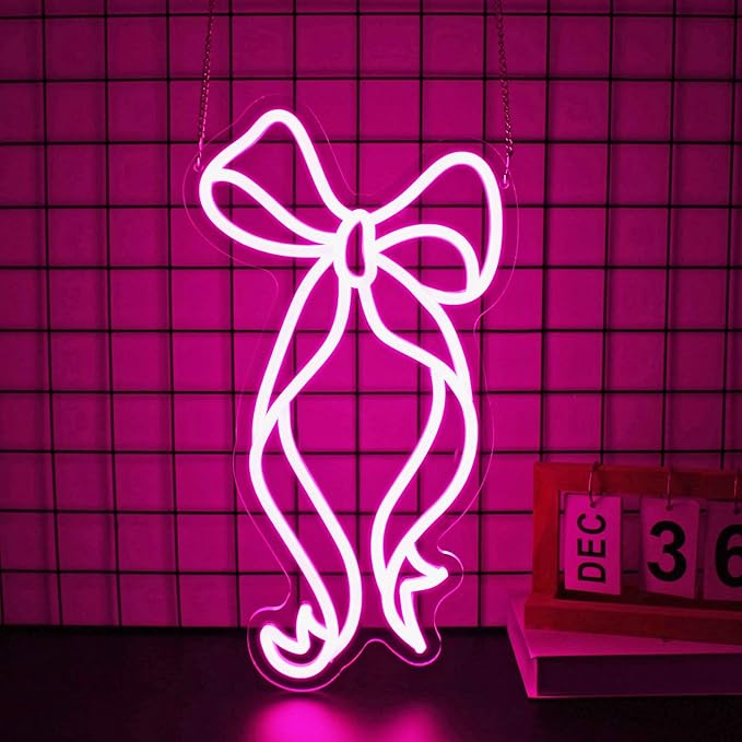 Bow Neon Sign, Neon Signs for Wall Decor Neon Pink Ribbon Bow LED Signs Room Neon Light Up Signs Home Decor for Bedroom Club Party Bar Shop USB Operated