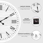 Large Wall Clock with Roman Numeral, 35” Shiplap Wall Clock Farmhouse Nearly Non-Ticking, Round Clock for Living Room Decor, Office, Bedroom, Entrance, White