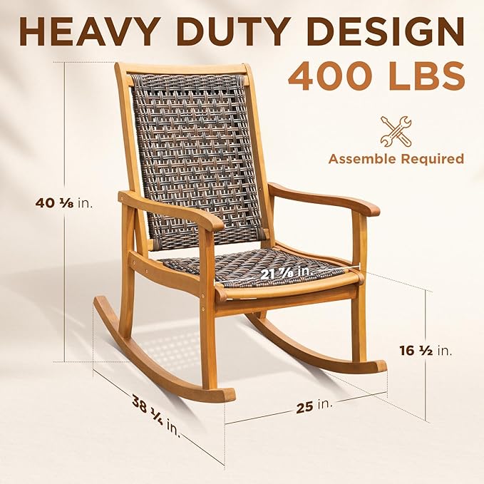 IDZO Wood Wicker Rocking Chair, 400 lbs Capacity, Durable Eucalyptus Wood, Natural Finish, Comfortable Curvy Design, Ideal for Deck, Patio Furniture, and Outdoor Furniture Accent Chair