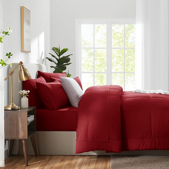 CozyLux Full Size Comforter Sets Dark Red, 7 Pieces Bed in a Bag, Red Comforter Full Size, All Season Bedding Sets with Stitch Quilted Comforter, Flat Sheet, Fitted Sheet, Pillowcases