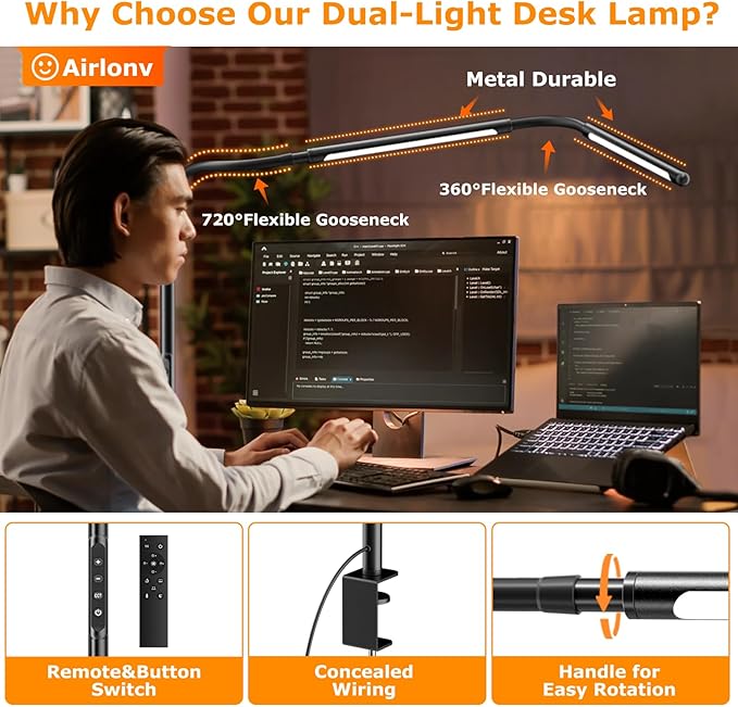 LED Desk Lamp for Home Office, Eye-Caring Desk Light with Adjustable Gooseneck, Dual Screen Computer Monitor Light with Stepless Dimming, Stepless Color Temp, Memory Function for Study, Workbench