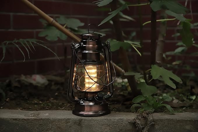 YAKii LED Vintage Lantern Metal Hanging Hurricane 12 LED Dimmer Switch Warm White Battery Operated Power Outage Indoor Camping Lighting Outdoor Brooklyn Decoration(Copper)