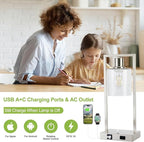 16" Set of 2 Nickel Industrial Table Lamps with USB A+C Charging Ports and AC Outlet, Fully Stepless Dimmable Bedside Lamps with Seeded Glass Shade for Bedroom Living Room Office, LED Bulbs Included