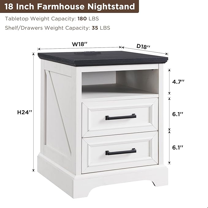 ACCOHOHO 18" Farmhouse Nightstand Set of 2 with Charging Station,End Table with 2 Drawers Storage,Side Table,Bedside Cabinet for Bedroom,Living Room, Withe