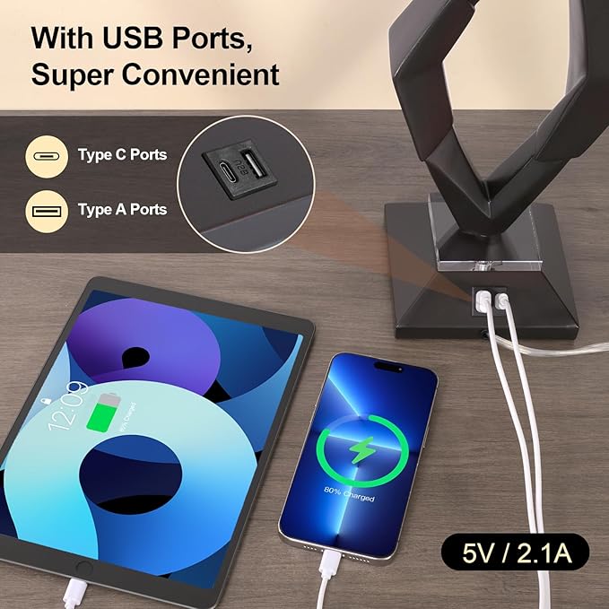 Scenekoy Sculptural Resin Table Lamp Set of 2 with USB Ports for Bedroom Living Room, 26” Black-Brown Dual Pull Chains Bedside Lamps, Nightstand Lamp for Home Room Decor (Bulbs Included)