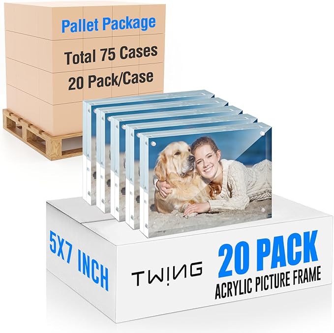 TWING 5x7 Acrylic Frame,75 Cases (20 Pack/Case) Pallet Package for Small Business,12+12MM Thicker Double Sided Acrylic Frame,Freestanding Clear Picture Frame for Desktop Display