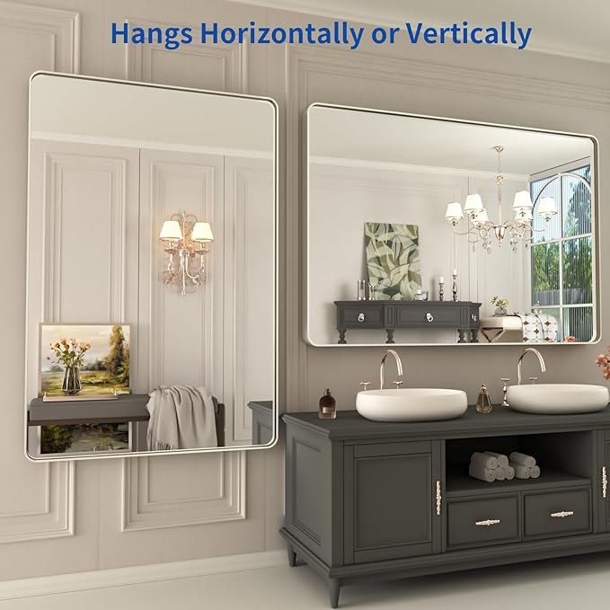 WEER 48X32 Inch Brushed Nickel Bathroom Mirror, Brushed Silver Metal Frame Mirror, Rounded Rectangle Silver Bathroom Vanity Mirror, Tempered Glass, Anti-Rust, Hangs Horizontally or Vertically
