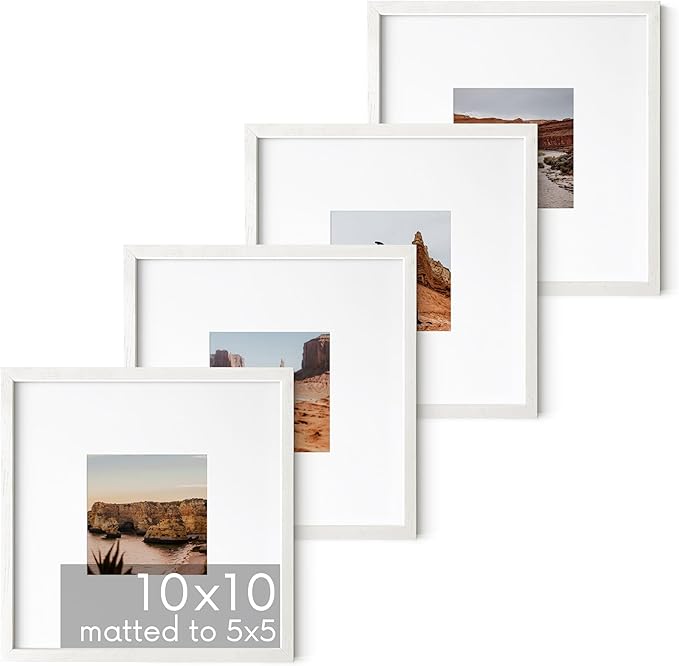 HAUS AND HUES Solid Oak Wood 10”x10”Picture Frames Matted to 5”x5” Set of 4 - White Picture Frames 10 x 10, Square White Frames, 10 x 10 Picture Frames, Photo Gallery Wall Frame Set