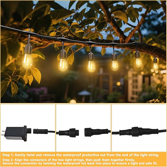 Outdoor Safety String Lights 50FT - 24V 20W Commercial Grade Low Voltage Strand with 20 S14 Shatterproof Bulbs for Tree Garden Yard | Warm Yellow 3500K Party Lights | IP65 Waterproof | UL Listed