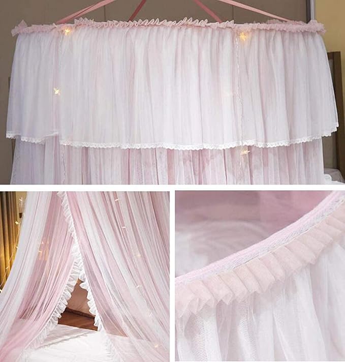 VETHIN Bed Canopy Princess for Girls,Bed Canopy Curtain Double Layer Sheer Mesh Dome Bed Curtain- Round Lace Princess Mosquito Net Tent for Twin Full Queen King Bed(Pink/White)