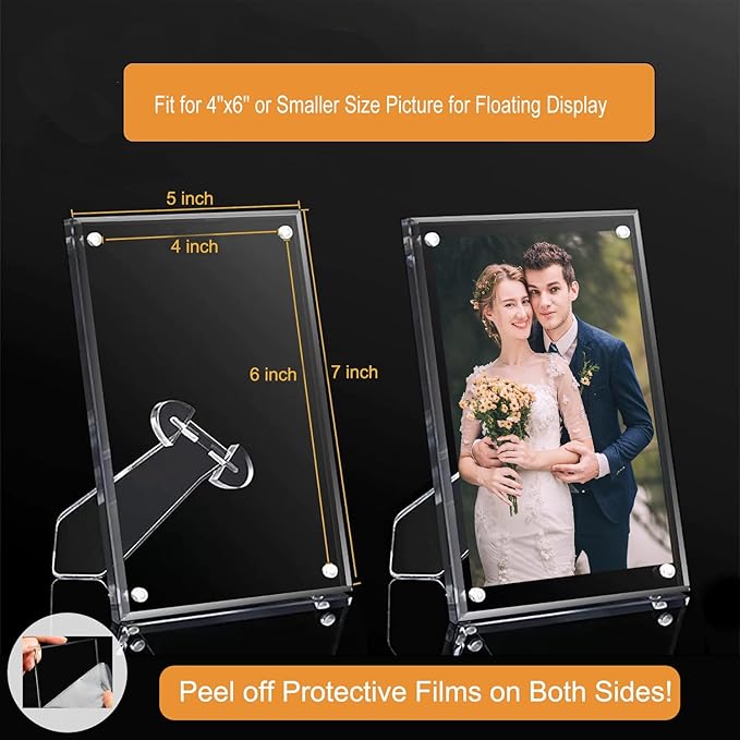 2 Pack 4x6 (Full Size:5x7) Acrylic Picture Frames With Stand, Clear Magnetic Photo Frame, Frameless Tabletop Picture Frame with Magnets for Home Office Desktop Display Horizontal or Vertical