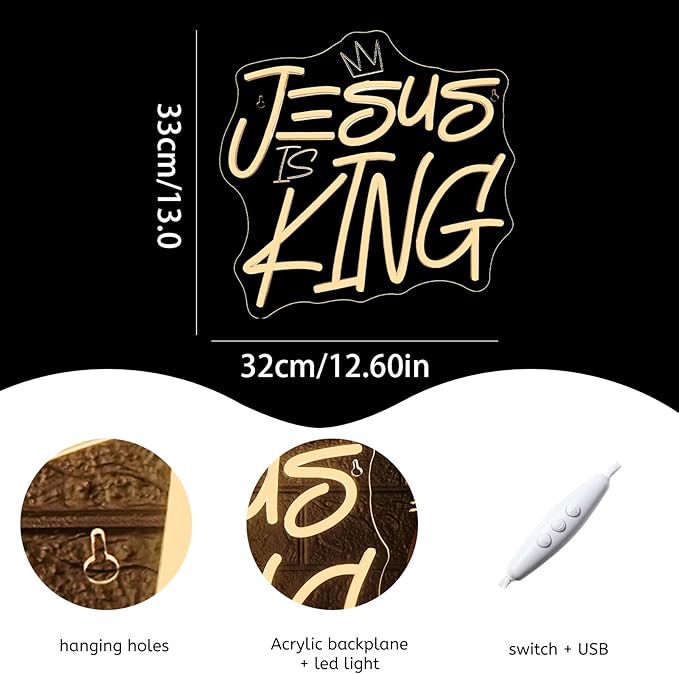 WLHOPE Jesus Is King Neon Sign Dimmable Led Signs for home Wall Decor, Neon Lights USB Powered Transparent Acrylic Board Sign for church party bedroom living room Decoration 12.99 * 12.6 inch