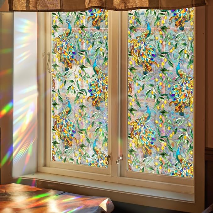Stained Peacock Window Film Decorative Birds Flowers Static Glass Window Clings Stickers for Home Office Living Room Bedroom Glass Windows Door Decor 16.93 x 39.37 Inches