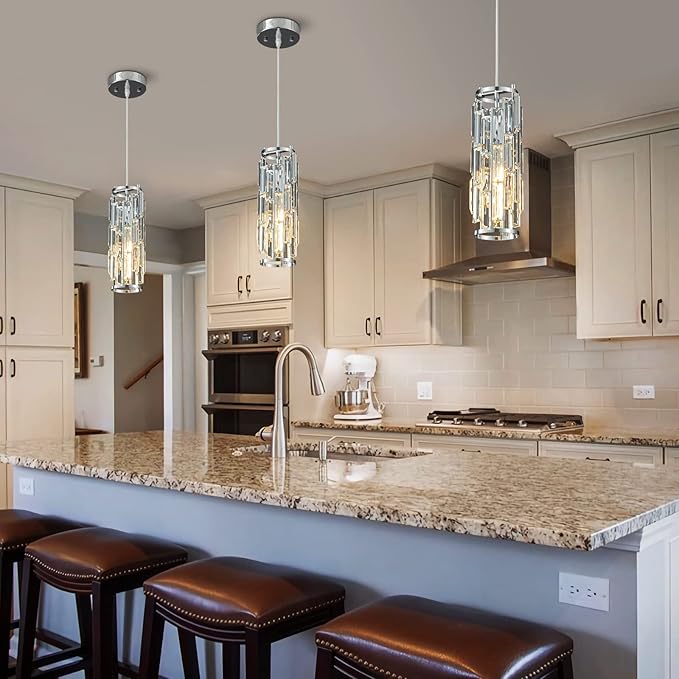 Pendant Lights Modern Chrome Pendant Light Mini Crystal Chandelier Pendant Lighting for Kitchen Island Dinning Room Bedroom Kitchen Sink Lighting (Chrome 3-Pack)