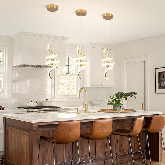 Spiral LED Pendant Light Fixtures, 15IN Modern Pendant Lights Adjustable Height 4000K Gold Kitchen Island Light Chandeliers for Dining Room Hanging Lights, 1 Pack