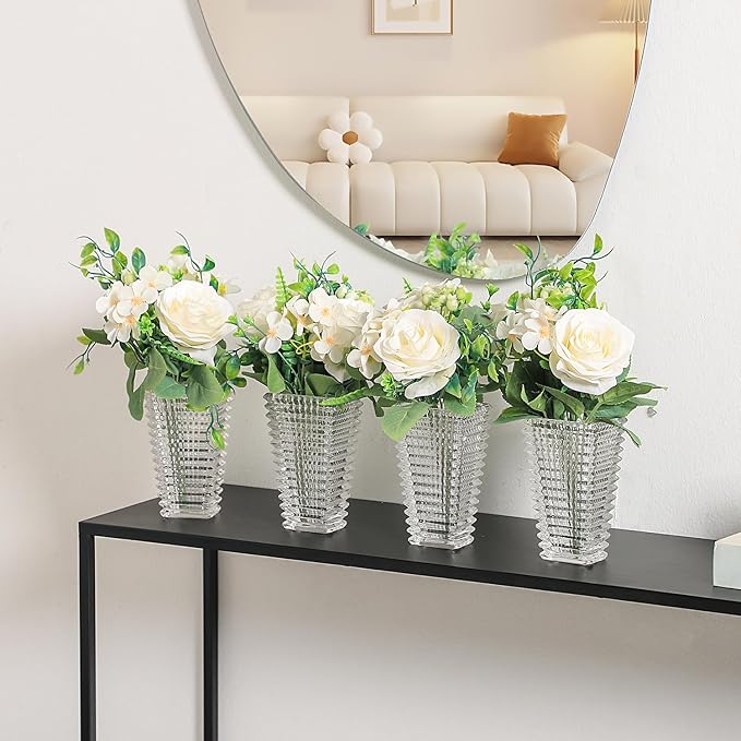 MCMCNCUIU Crystal Vases Set of 4, Clear Glass Vases, Crystal Vase for Centerpieces, Modern Flower Vase for Living Room, Bedroom, Kitchen, Dining Table, Shelf, Wedding, 6 Inches