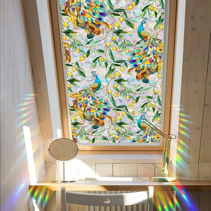 Stained Peacock Window Film Decorative Birds Flowers Static Glass Window Clings Stickers for Home Office Living Room Bedroom Glass Windows Door Decor 16.93 x 39.37 Inches
