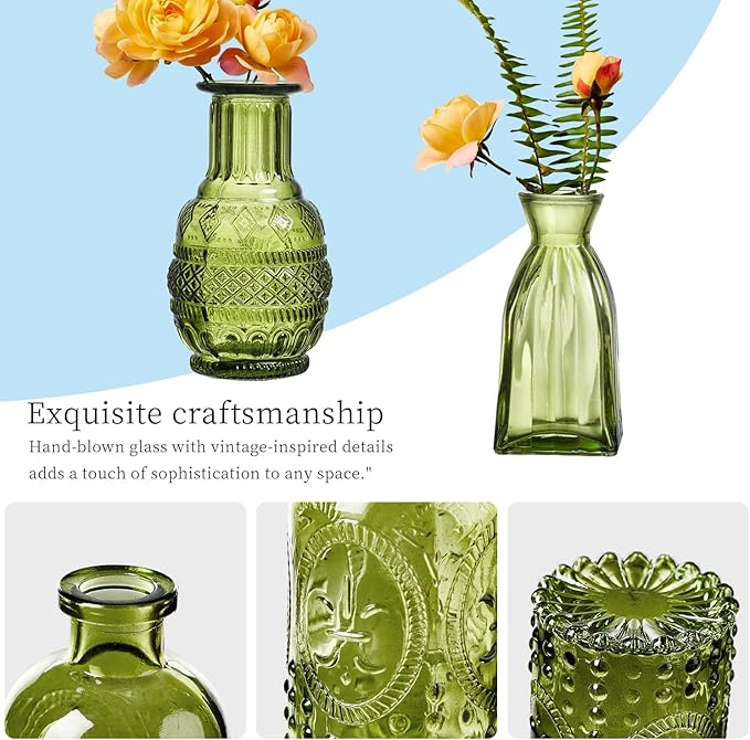 Glass Bud Vases Set of 64 - Green Assorted Small Mini Glass Vases for Flowers, Crystal Vintage Vase Set, Bulk Centerpieces for Table Décor, Wedding, Home and Events (Green, 64 Pcs)