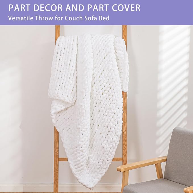 Bigacogo Chunky Knit Throw Blanket for Couch, 80x90 inches, 100% Hand Knitted with Thick Jumbo Chenille Yarn, Cozy Soft Large Rope Knot Cable Crochet Blankets for Sofa Bed Living Room, White