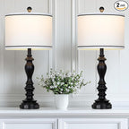 28" Set of 2 Farmhouse Table Lamps for Living room, Bedside Lamp with USB C+A Ports & AC Outlets, Black Vintage End Table Lamps for Bedrooms, Nightstand Lamps Fabric Shades Rustic 2 LED Bulbs Included