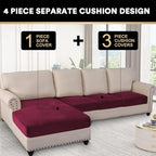 PrinceDeco Velvet Couch Covers - 4 Piece Set for Sectional Sofa (3 Seater + 1 Chaise, Burgundy)