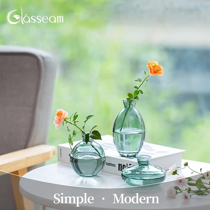 Glass Bud Vase for Centerpieces: 12Pcs Glasseam Green Mini Small Vases for Flowers Bulk Flower Vase Set Aesthetic Cute Handmade Tiny Short Wedding Table Centerpiece Decor