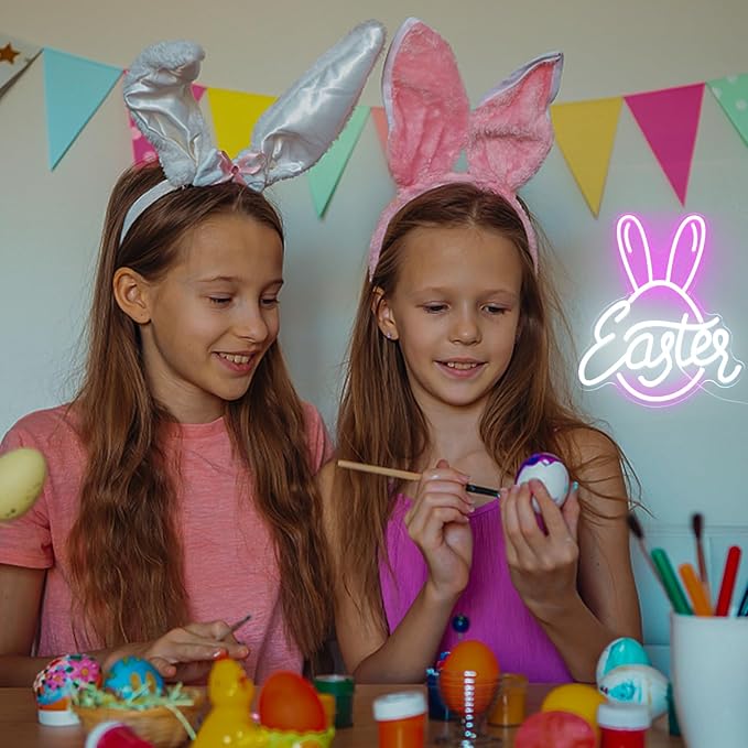 Easter Bunny Egg Neon Sign Pink Rabbit Ears Neon Light Easter Day LED Neon Signs for Wall Neon Lights Signs for Bedroom Bar Party Decor Kid Gift