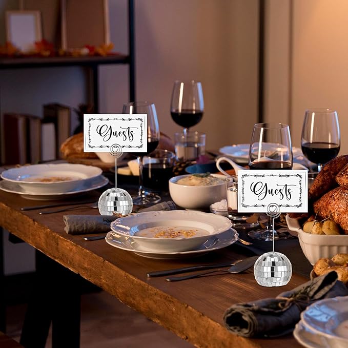 24 Pcs Disco Ball Table Number Holders, 2 Inch Silver Place Card with Swirl Wire Name Cards, Picture Holder for Tables, Photo Stand Clips for Christmas Wedding Party Favor