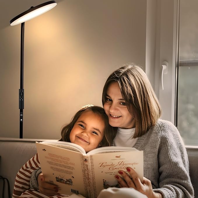 36W Super Bright LED Floor Lamp with Remote Control, Modern Stepless Dimmable Standing Lamp, 350°Rotating Head Tall Torchiere Floor Lamps for Living Room, Bedroom, Office