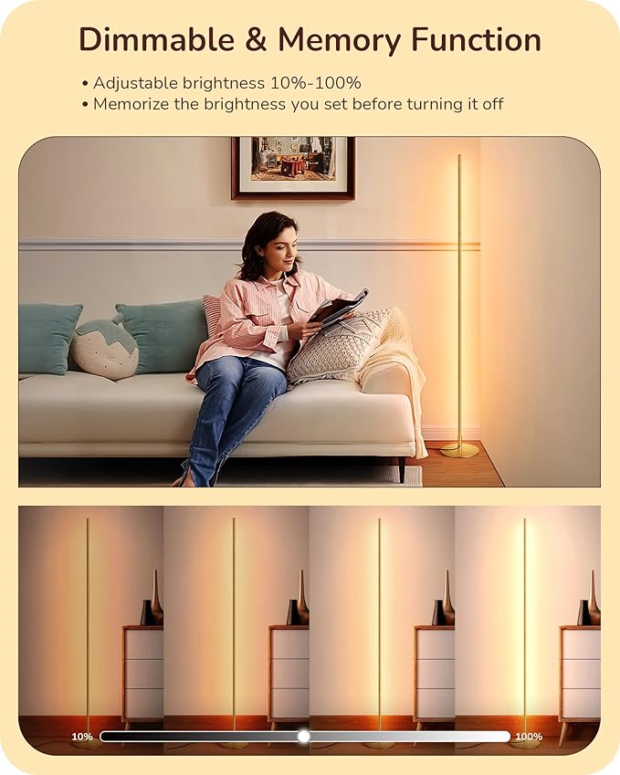 EDISHINE LED Corner Floor Lamp, Modern Slim Dimmable Light, Adjustable Height, 57.5" Minimalist Tall Lamp for Living Room, Bedroom, Office, 3000K Warm White Light (Gold)