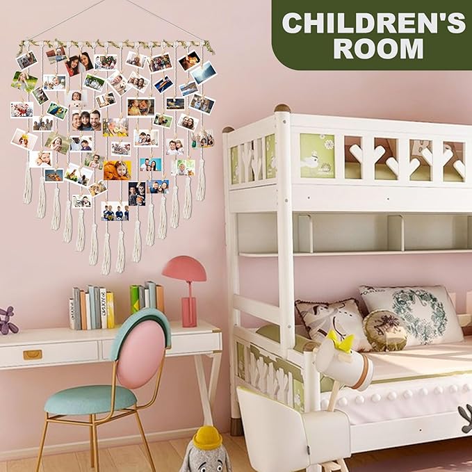 Hanging Photo Display boho bedroom decor teenage girl room decor Birthday Gifts for Grandma gift for mom Grandma’s Gifts - from Daughter, Granddaughter and Grandson - Mom Grandmothers Photo Holder，with 30 Wood Clips, 35" L x 30'' W