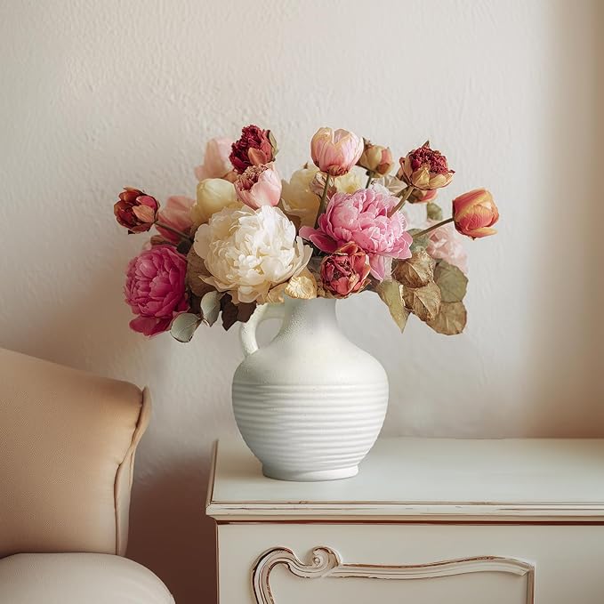 White Ceramic Vase, Rustic Farmhouse Vase with Handle, Pottery Vases for Flower, Farmhouse Decor, Centerpiece Table Decorations, 6 inch