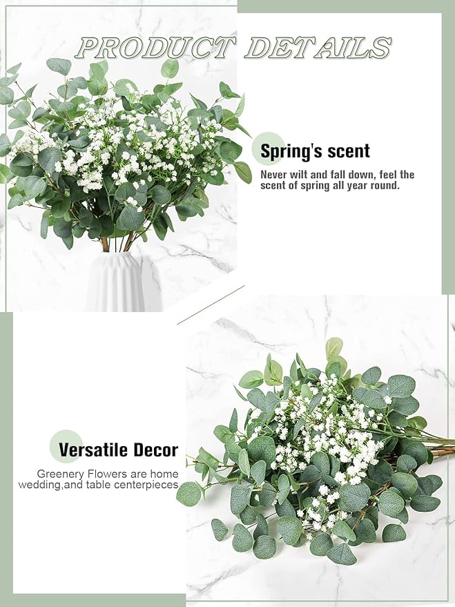 5pcs Eucalyptus Stems & 6pcs Babys Breath Artificial Flowers Faux Greenery Bouquets for Wedding Table Centerpiece Home Decor