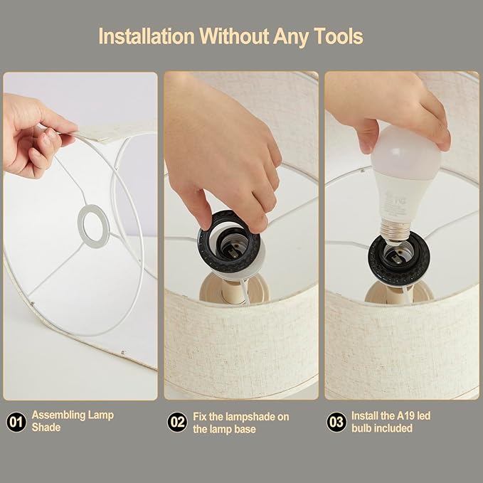 Vintage Table Lamp for Living Room Bedroom, 18.5" Farmhouse Bedside Lamps Nightstand Lamp Set of 2, Table Lamps with Oatmeal Linen Lamp Shades, 2 LED Bulbs Included, White Stripe