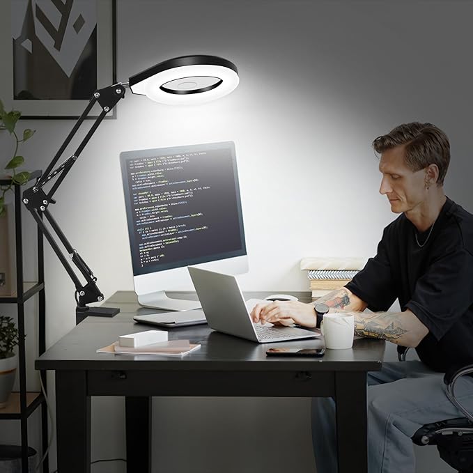 Magnifying Glass with Light, 10X & 5X Real Glass & Anti-Glare Lens, 5 Color Mode Stepless Dimmable LED Desk Magnifying Lamp, Hands-Free Desk Lamp with Clamp for Crafts Reading Repair Hobby (White)