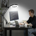 Magnifying Glass with Light, 10X & 5X Real Glass & Anti-Glare Lens, 5 Color Mode Stepless Dimmable LED Desk Magnifying Lamp, Hands-Free Desk Lamp with Clamp for Crafts Reading Repair Hobby (Blue)