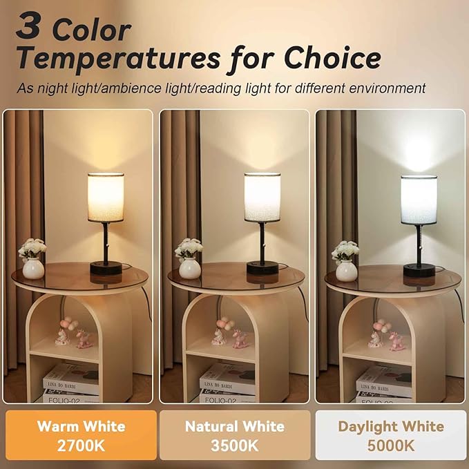 Small Bedside Table Lamp for Nightstand with USB & Outlet, 3 Color, Matte Black, Gray Lampshade (LED Bulb Included)
