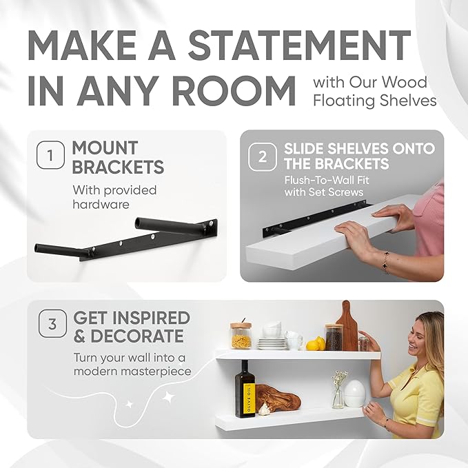 Homeforia White Floating Shelves 36 inch, High End Solid Real Wood 36inch Floating Shelf for Wall Mounted, White Wooden 36in Long Floating Shelves, Heavy Duty Bracket, 36 X 6.5 X 1.75 inches, Set of 3