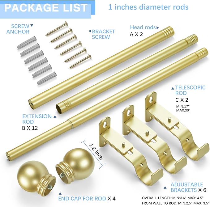 Curtain Rods for Windows 16 to 120 Inches, Curtain Rod Max Adjustable Length of 132 IN, 1" Diameter Drapery Rods Round Finials, Warm Gold, Pack of 2