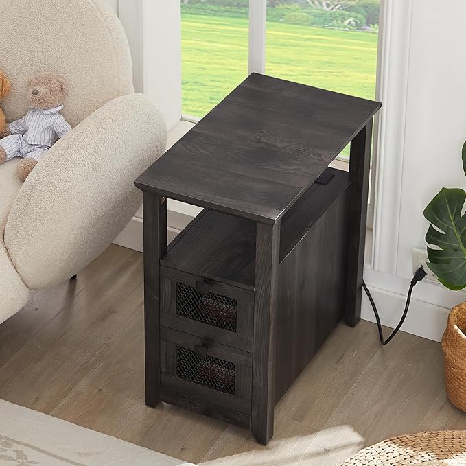 Farmhouse XXL End Table with Charging Station, Narrow Side Table with USB Ports and Outlets, Nightstand with 2 Drawers Storage, Grey Bedside Tables for Living Room, Bedroom