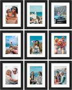 Vittanly 6x8 Picture Frames Set of 9, Shatter Resistant Plexiglass, Display 4x6 Pictures with Mat or 6x8 without Mat, Photo Frames for Wall or Tabletop, Engineered Wood, Black
