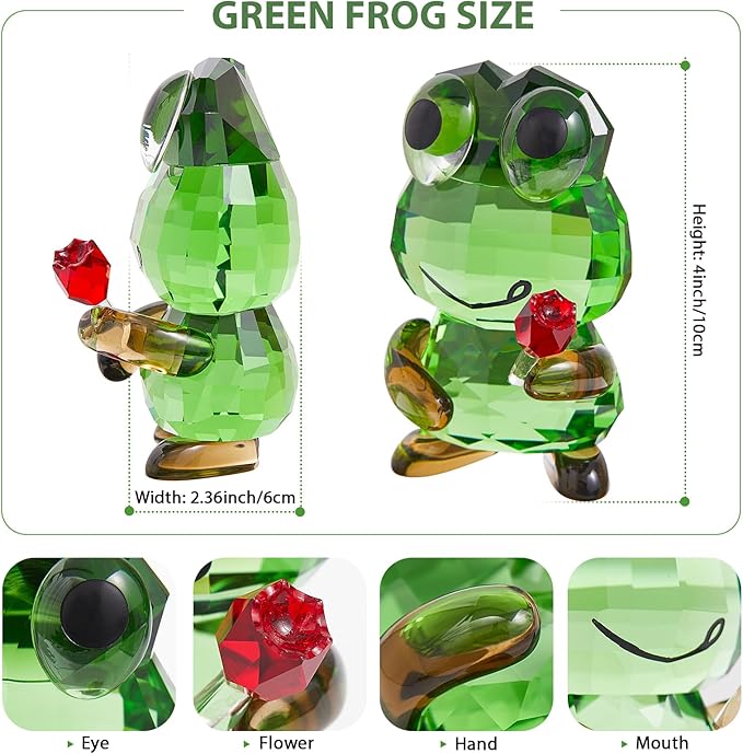 Crystal Frog Figurine with Red Rose - Art Glass Animals Desk Decor & Home Office Ornament, Handmade Glass Collectible Gifts