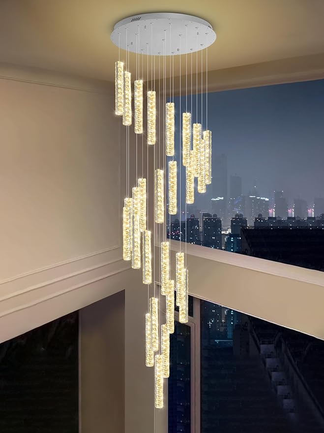 Large Staircase Chandeliers 130inches Long Spiral Crystal Chandeliers for High Ceilings Foyer Entrance 25-Lights Silver LED Dimmable 3000-6000K