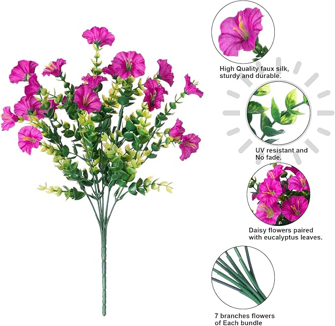 HyeFlora Artificial Flowers for Outdoors Fake Plants Outside Decoration, 12 Bundles Silk Colorful Morning Glory with Eucalyptus UV Resistant Realistic Faux Flowers for Planter Front Door Garden Yard